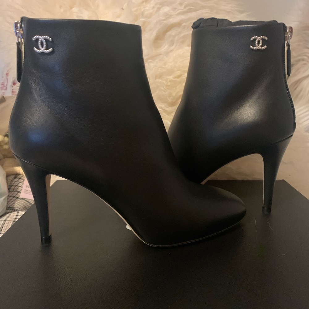 CHANEL black lamb skin booties